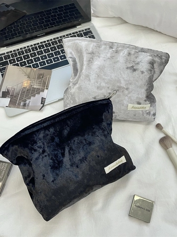 Velvet Makeup Bag Large Capacity Zippered Travel Portable Solid Color Storage Pouch Cosmetic Organizer For Women