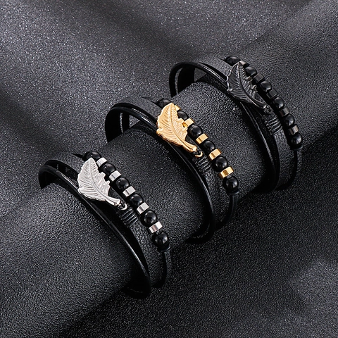 Bracciale In Pelle Intrecciata Multistrato Da Uomo Con Pendente A Piuma In Acciaio Inossidabile E Perline Gioielli Punk