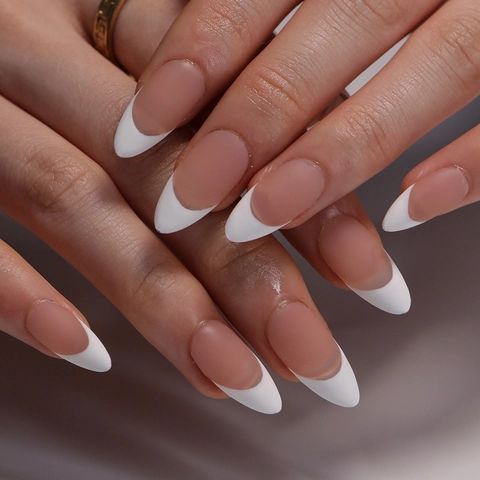 French Tip Press On Nägel Lange Mandelform Weiß Matt Künstliche Falsche Nagelspitzen Für Damen Eleganter Einfacher Stil