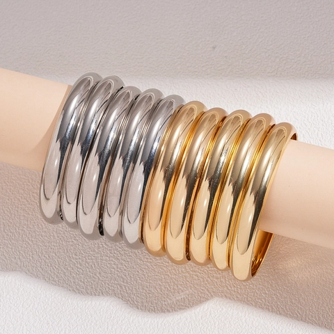 Minimalist Polished Iron Bangles For Women Geometric Chunky Metal Round Stacking Bracelets Trendy Fashion Jewelry