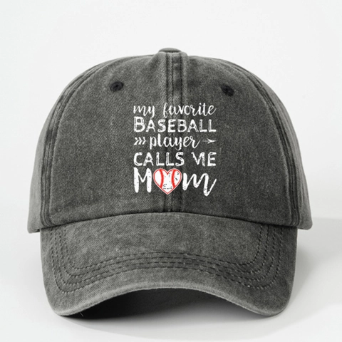Washed Polyester Baseball Cap Curved Brim Adjustable Letters Print My Favorite Baseball Player Calls Me Mom For Women