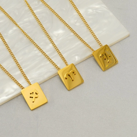 Zodiac Sternzeichen Quadrat Anhänger Halskette Edelstahl 18K Vergoldet Mode Schmuck Für Herren Damen