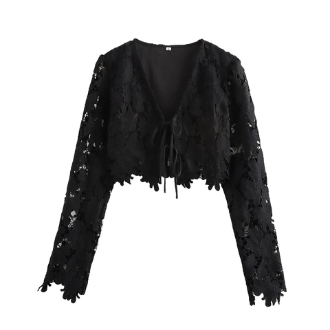 Sexy Zwart Kant Lange Mouw V-Hals Veters Cardigan Top En A-Lijn Minirok Bloemen Jacquard Voor Dames