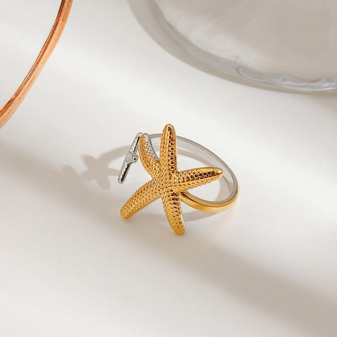 Bague Ouverte Étoile De Mer Acier Inoxydable Ajustable Double Étoile De Mer Bijoux Vacances Été Pour Femmes