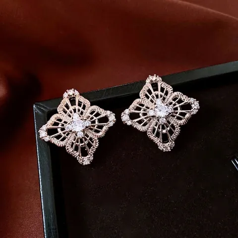 Orecchini A Lobo Rombo Cavo Vintage Rame Zircone Lusso Fiore Geometrico Gioielli Con Perno In Argento