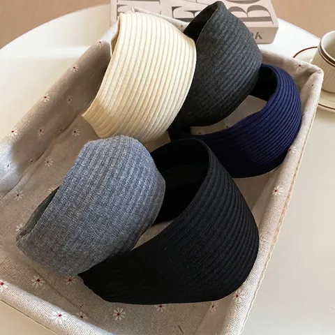 Wide Brim Headband Ribbed Knit Wool Acrylic Hair Hoop Elegant French Style For Women Solid Color