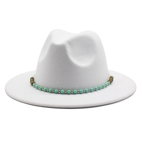 Fedora Hat Wide Brim Wool Felt With Turquoise Beads Decorative Band Bohemian Vintage Jazz Sun Hat For Women Men