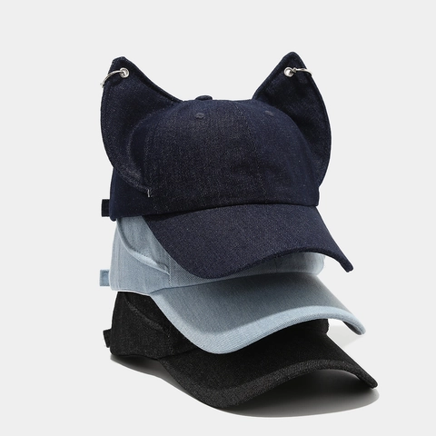 Y2K Cat Ears Baseball Cap Washed Denim Cotton Streetwear Adjustable Snapback Hat With Metal Rings For Men Women