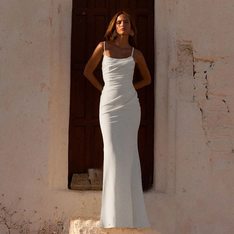 Backless Spaghetti Strap Maxi Dress Polyester Spandex Satin Ruched Fishtail Slim Fit Formal Evening Party Wedding For Women