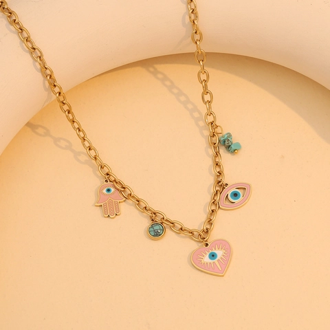 Stainless Steel Evil Eye Hamsa Hand Heart Pendant Necklace For Women Pink Enamel Gold Plated Chic Jewelry