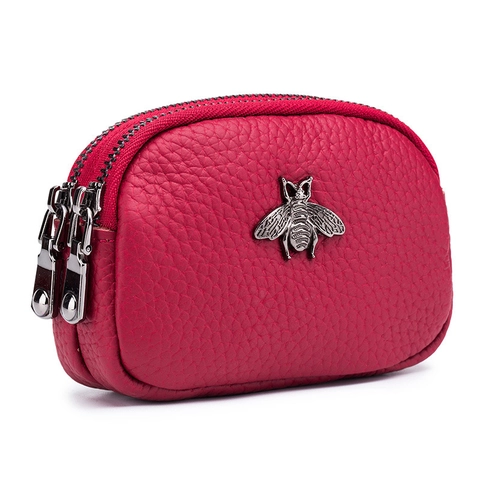 Porte Monnaie Cuir Véritable Mini Portefeuille Grain De Litchi Fermeture Éclair Double Abeille Métal Femme