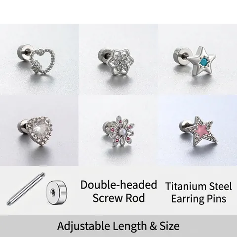 Titanium Steel Zircon Ear Bone Piercing Stud Earrings Dainty Heart Star Flower Shape Screw Back Helix Jewelry