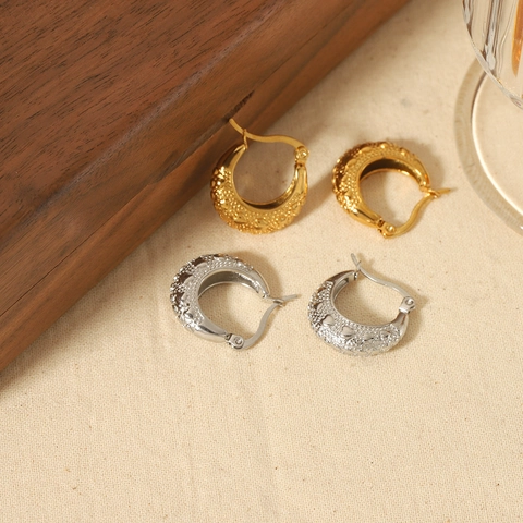 Hoop Oorbellen Roestvrij Staal 18K Verguld Retro Hart Textuur C-Vormige Sieraden Voor Dames