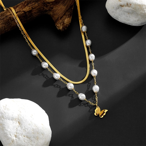Double Layer Necklace Butterfly Pendant Golden Titanium Steel Artificial Baroque Pearl Snake Bone Chain Elegant Jewelry For Women