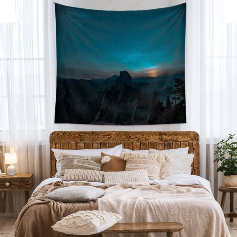 Starry Night Mountain Tapestry Polyester Galaxy Landscape Wall Hanging Aesthetic Bohemian Room Decor Background Cloth