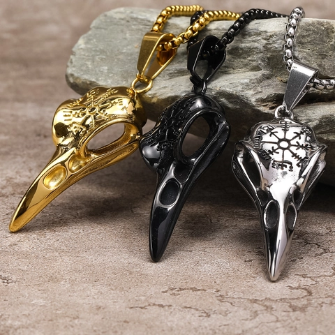 Collar Colgante Cráneo De Cuervo Acero Inoxidable Retro Nórdico Vikingo Vegvisir Brújula Gótico Hip Hop Hombres