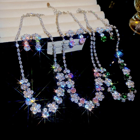 Elegante Joyas De Collar Y Pendientes De Flores Cobre Con Circonita Estilo Palacio Lujo Para Mujer