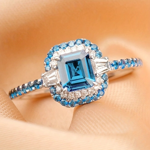 Emerald Cut Blue Zircon Ring Copper Dual Halo Geometric Luxury Elegant Jewelry For Women