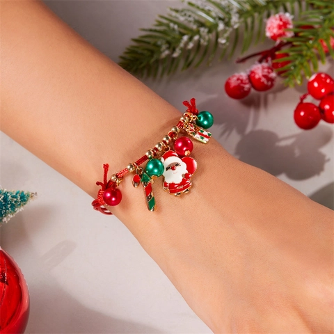 Bracciale Intrecciato Natalizio Con Ciondoli In Smalto Di Lega Renna Albero Campane Regalo Di Festa Regolabile