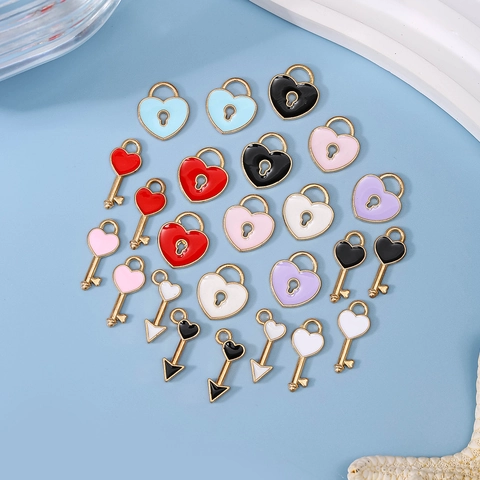 Heart Lock Key Enamel Alloy Charms For DIY Jewelry Making Pendants Crafts