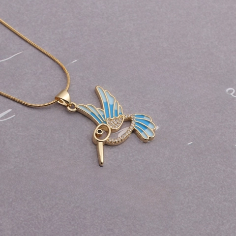Hummingbird Pendant Necklace Copper With Enamel Wings And Micro Pave Zircon Lucky Bird Jewelry Gift For Women