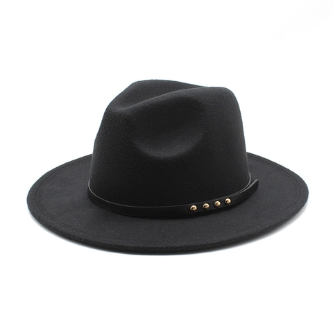 Vintage Woolen Felt Fedora Hat Wide Brim Jazz Cap With Rivet Belt Decoration Retro Fashion Unisex Accessory