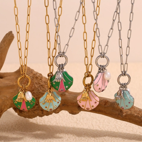 Collana In Acciaio Inossidabile Placcato Oro 18K Pendenti Conchiglia Gesto Perla Artificial Smalto Strass Catena Graffetta Gioielli
