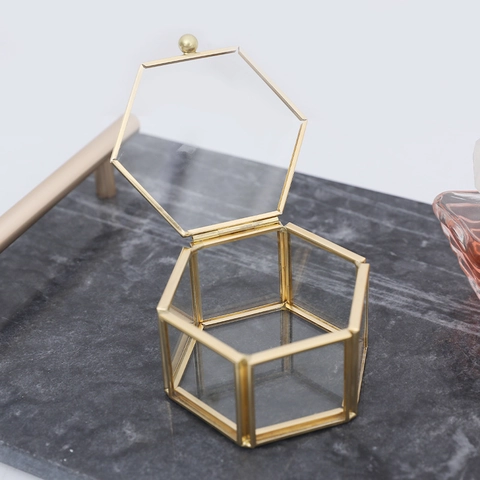 Hexagonal Glass Jewelry Box Brass Gold Metal Frame Nordic Vintage Jewelry Organizer Display Case For Home Decor