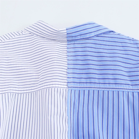 Women Patchwork Striped Polyester Poplin Shirt Long Sleeve Lapel Loose Fit Casual Blouse Blue White Tops