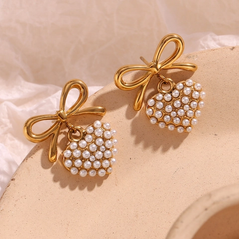 Stainless Steel Bowknot Heart Pendant Stud Earrings With Faux Artificial Pearl Elegant French Retro Gold Plated Jewelry For Women
