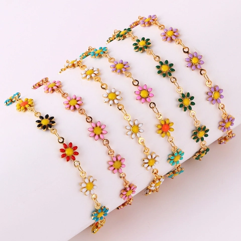Enamel Daisy Flower Pendant Necklace Bracelet 18K Gold Plated Brass Sweet Floral Jewelry For Women Girls Elegant