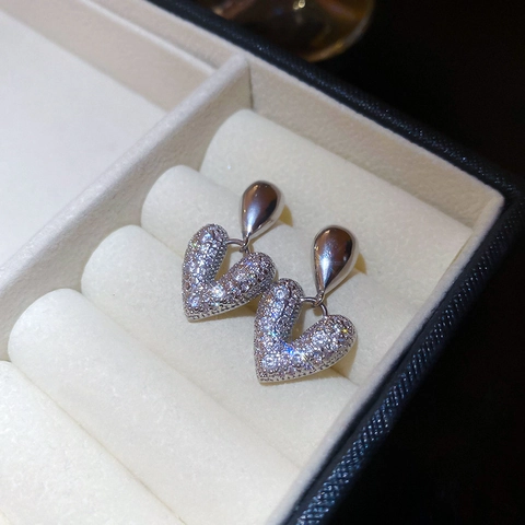 Heart Drop Earrings Copper With Zircon Shiny Silver Earring Post Luxury Fashion Jewelry For Women