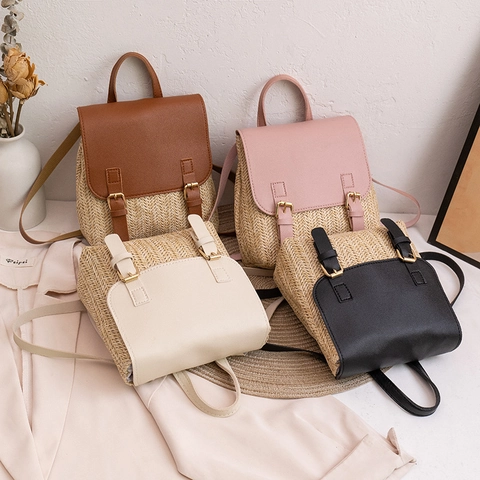 Mini Straw Woven Backpack For Women PU Leather Patchwork Boho Summer Beach Travel Casual Small Knitted Shoulder Bag