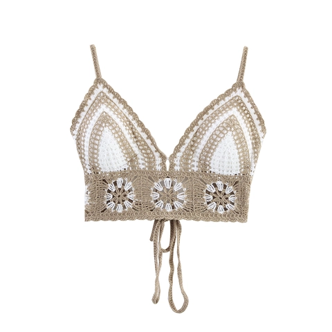 Canotta Halter E Pantaloncini In Maglia All'Uncinetto Da Donna Vacanza Boho Motivo Floreale Abbigliamento Mare Cammello Bianco