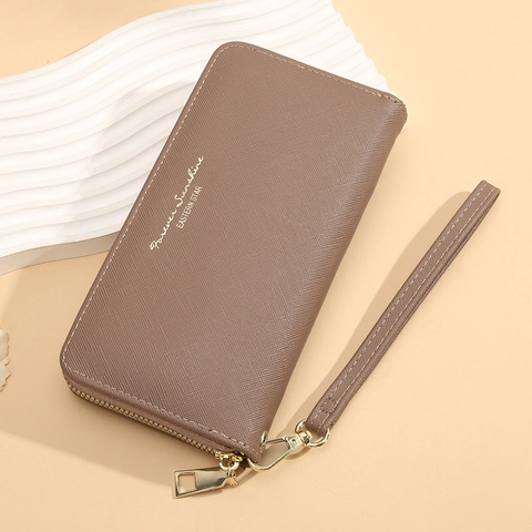 Women Long Wallet PU Leather Cross Pattern Zipper Clutch With Wrist Strap Multi Card Slots Elegant Solid Color Fashion Purse