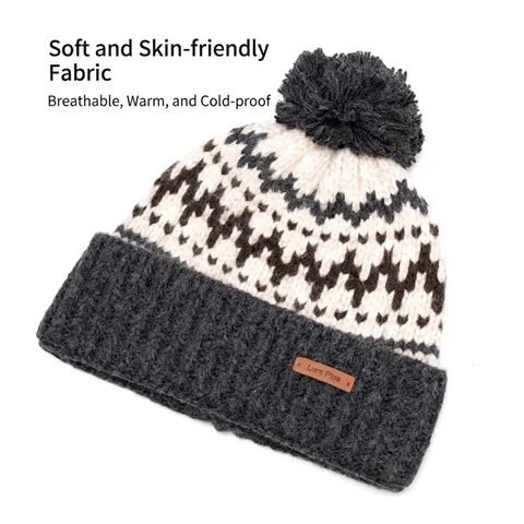 Knitted Beanie Hat Wool Blend Winter Warm Pom Pom Jacquard Pattern Leather Label Ribbed Cuff Casual Unisex