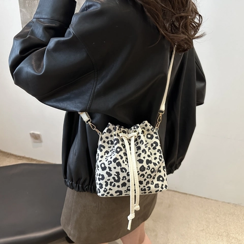 Bolso Cubo Mujer Estampado Leopardo Lona Cuero PU Moda Retro Cordón Bolso Bandolera Mano Correa Ajustable