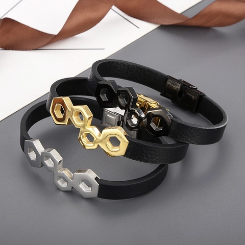 Bracciale In Vera Pelle Intrecciata Con Esagono In Acciaio Inossidabile Nido Ape Punk Uomo Accessorio