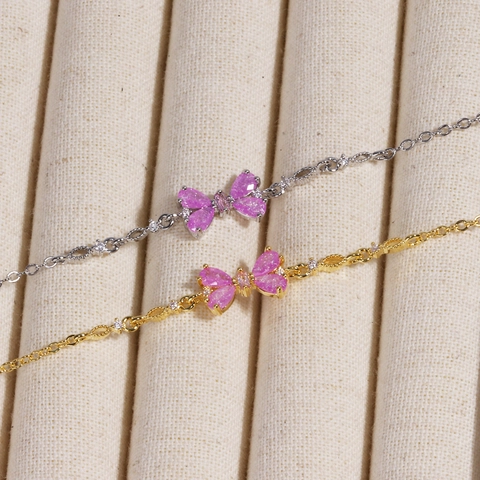 Bracciale Fiocco Farfalla Ottone Placcato Oro Zircone Rosa Catena Regolabile Gioielli Ipoallergenici Donna