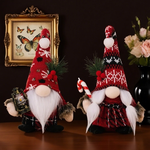 Ornements De Gnome De Noël Poupée Sans Visage En Peluche Tricotée Elfe De Forêt Nordique Avec Lanterne LED Et Canne En Sucre
