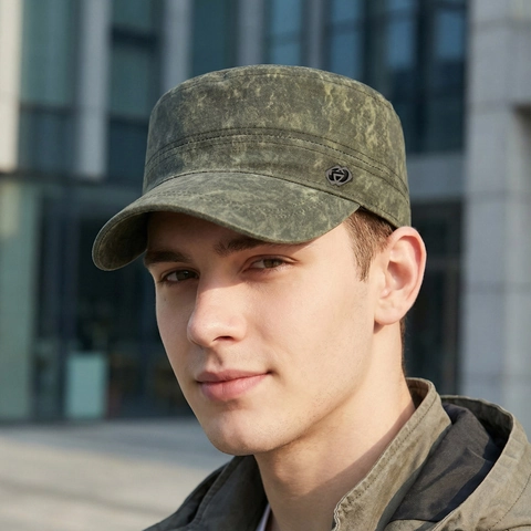 Vintage Gewassen Polyester Cadet Cap Voor Heren Vrouwen Effen Kleur Militaire Hoed Met Metalen Gesp Zonnescherm Platte Bovenkant Outdoor Hoed
