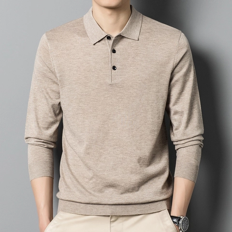 Men Long Sleeve Knitted Polo Shirt Wool Blend Solid Color Lapel Buttoned Business Casual Slim Fit Soft Sweater Tops