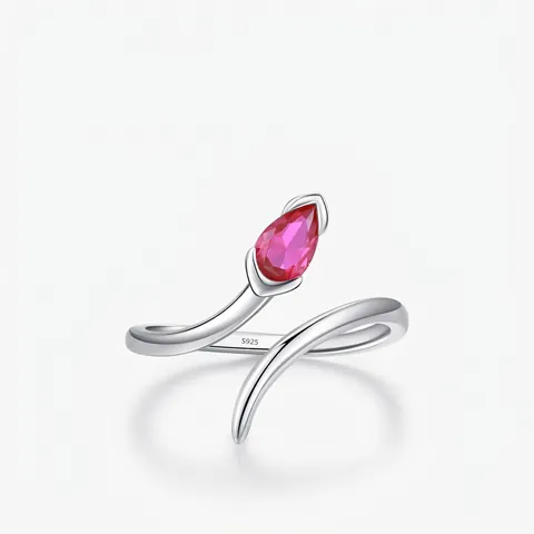 925 Sterling Silver Ring Pear Shaped Red Cubic Zirconia Snake Design Wrap Adjustable Open Finger Jewelry For Women