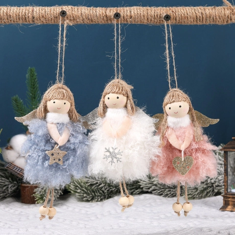 Angeli Di Natale Ornamenti Appesi Viso In Legno Peluche Di Lana Ali Di Paillettes Corda Di Juta Decorazioni Albero