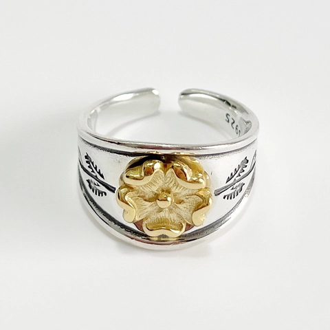 Anello Aperto In Argento 925 Vintage Con Fiore Dorato Inciso Floreale Regolabile Stile Retro Gioielli Per Donne