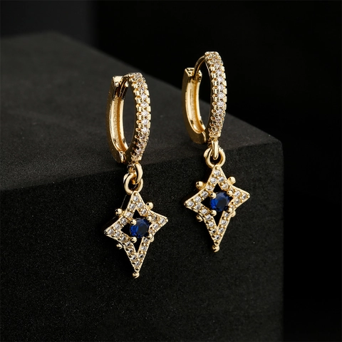 Orecchini Huggie In Rame Placcato Oro Con Pendente A Stella Zircone Blu Gioielli Geometrici Per Donna Stile Elegante