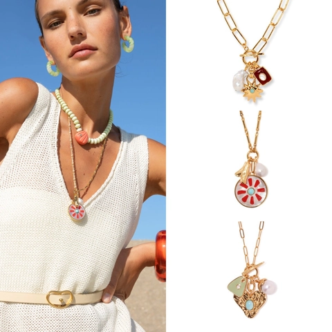 Vintage Copper Pendant Necklace For Women Gold Plated Star Heart Sun Flower Enamel Multi-Charm Artificial Pearl Rhinestone Jewelry