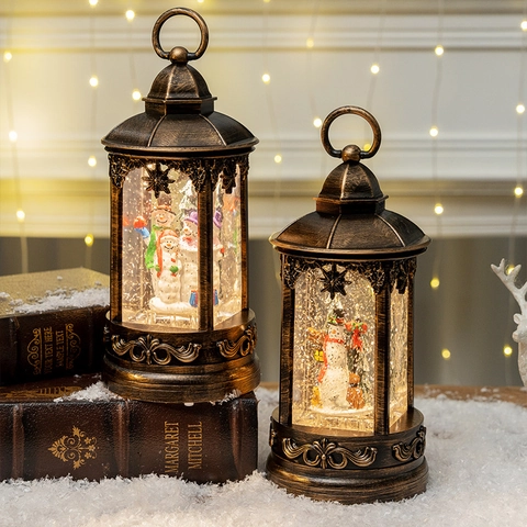 Linterna Bola De Nieve De Navidad Retro Bronce LED Luces Muñeco De Nieve Giratorio Caja De Música Decoración De Mesa