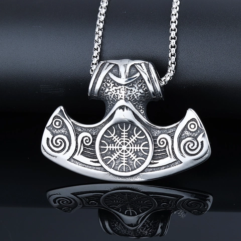 Viking Thor Hammer Axe Pendant Necklace Stainless Steel Nordic Mythology Vegvisir Compass Vintage Engraved Jewelry For Men