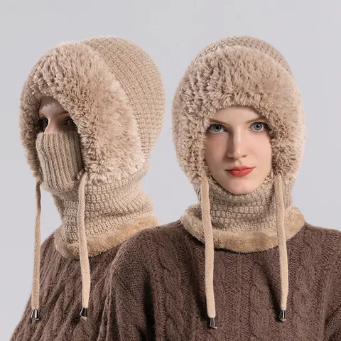 Women Winter Balaclava Hat Integrated Knit Scarf Mask Thickened Fleece Lined Windproof Outdoor Cycling Acrylic Faux Fur Trim